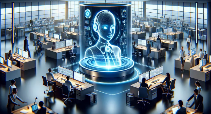 A futuristic office features a large digital hologram of a humanoid figure with headphones, surrounded by employees working at computer desks. The spacious room is filled with screens displaying data, creating a high-tech atmosphere.