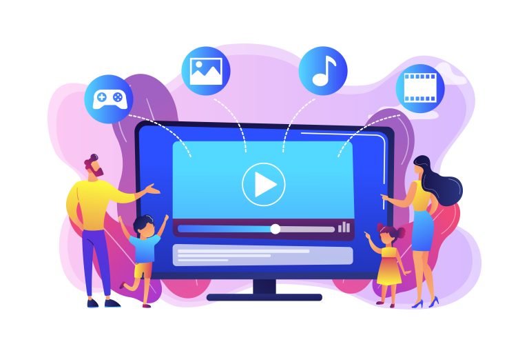 A family of four interacts with a large digital screen displaying a video player interface, surrounded by icons representing gaming, photos, music, and film. The background features abstract pink and purple shapes, creating a vibrant and playful atmosphere.